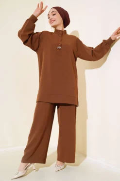 Half Snap Button Two-Piece Set Brown