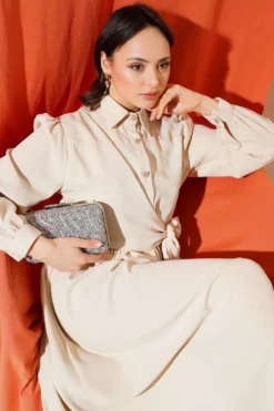 Half Stone Buttoned Tied Dress Beige wholesale dress - Hicabistan Turkey factory