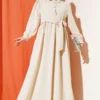Half Stone Buttoned Tied Dress Beige wholesale dress view 2 - Hicabistan Turkey factory