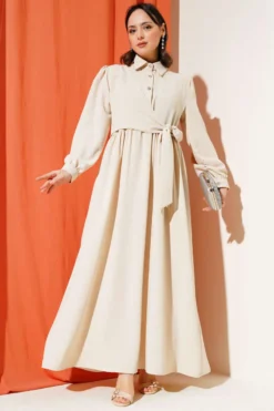 Half Stone Buttoned Tied Dress Beige wholesale dress view 2 - Hicabistan Turkey factory
