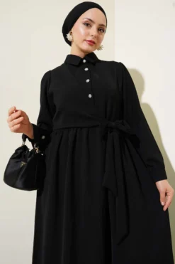 Half Stone Button Side-Tied Dress Black wholesale dress view 2 - Hicabistan Turkey factory