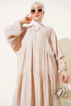 Batwing Sleeve Buttoned Layered Dress Beige wholesale dress view 2 - Hicabistan Turkey factory