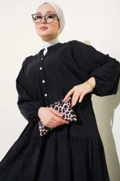 Batwing Sleeve Buttoned Layered Dress Black wholesale dress view 2 - Hicabistan Turkey factory