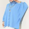 Batwing Sleeve Necklace Oversized Shirt Blue