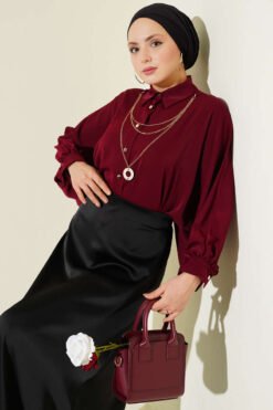 Batwing Sleeve Necklace Oversized Shirt Burgundy