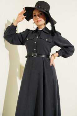Half Button Belted Pocket Dress groothandel dress view 2 - Hicabistan Turkije fabriek