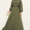Half Button Belted Pocket Dress Khaki