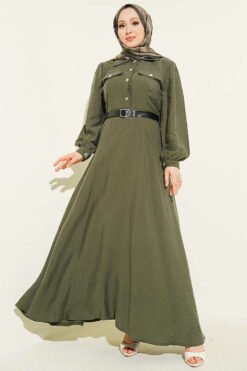 Half Button Belted Pocket Dress Khaki