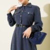 Half Button Belted Pocket Dress Indigo wholesale dress view 2 - Hicabistan Turkey factory