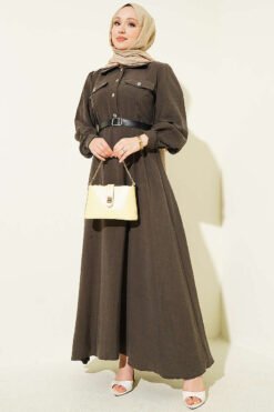 Half Button Belted Pocket Dress Brown