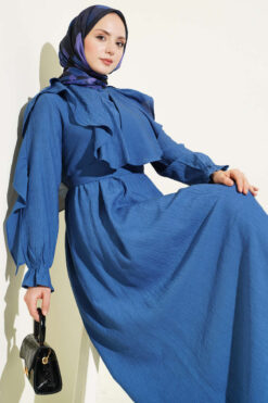 Half Buttoned Belted Ruffled Dress Navy Blue all'ingrosso dress view 2 - Hicabistan fabbrica Turchia