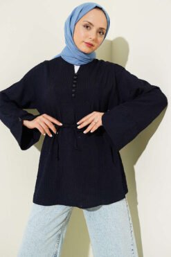 Half Button Sequin Striped Stitch Tunic Navy Blue