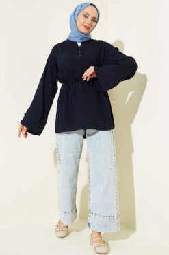 Vue alternative de Half Button Sequin Striped Stitch Tunic Navy Blue