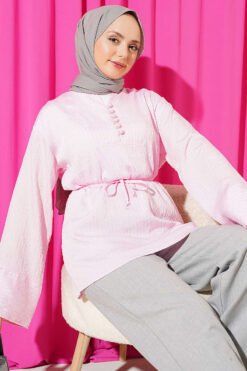Half Button Sequin Striped Stitch Tunic Pink