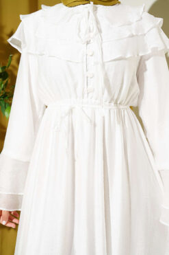 Half Button Ruffled Dress White all'ingrosso dress view 2 - Hicabistan fabbrica Turchia