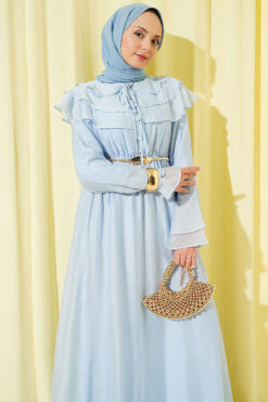 Half Button Ruffled Dress Blue all'ingrosso dress view 2 - Hicabistan fabbrica Turchia