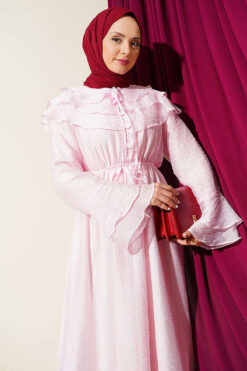 Half Button Ruffled Dress Pink all'ingrosso dress view 2 - Hicabistan fabbrica Turchia