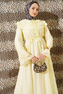 Half Button Ruffled Dress Yellow all'ingrosso dress view 2 - Hicabistan fabbrica Turchia