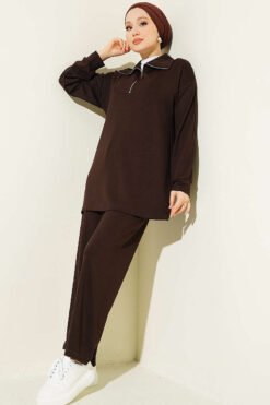 Half-Zip Loisha Tunic Two-Piece Set Brown