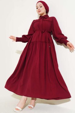 Half Hidden Button Tie Dress Burgundy