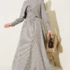 Dress with Vest and Gingham Pattern Mustard wholesale dress - Hicabistan Turkey factory