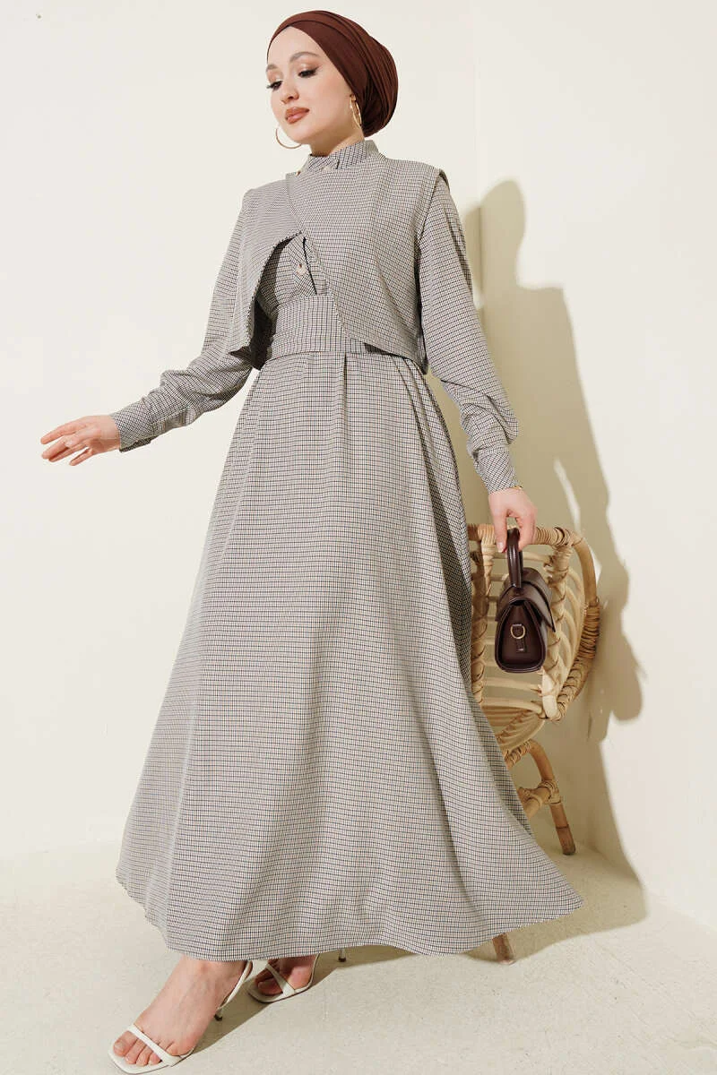 Dress with Vest and Gingham Pattern Mustard Großhandel dress - Hicabistan Türkei Fabrik