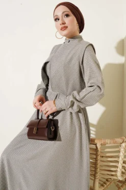 Dress with Vest and Gingham Pattern Mustard all'ingrosso dress view 2 - Hicabistan fabbrica Turchia