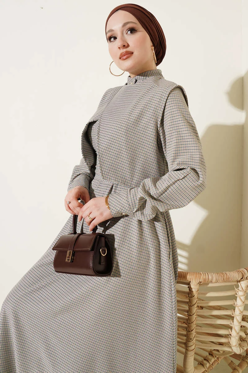 Dress with Vest and Gingham Pattern Mustard Großhandel dress view 2 - Hicabistan Türkei Fabrik