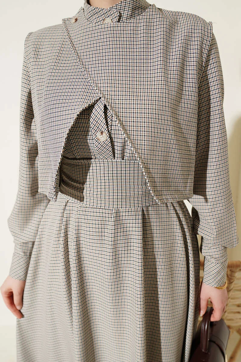 Dress with Vest and Gingham Pattern Mustard Großhandel dress view 4 - Hicabistan Türkei Fabrik