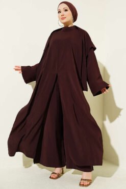Split Detail Shawl Modal Three-Piece Set Brown wholesale clothing set - Hicabistan Turkey factory
