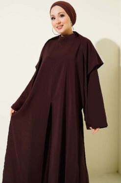 Split Detail Shawl Modal Three-Piece Set Brown wholesale clothing set view 2 - Hicabistan Turkey factory
