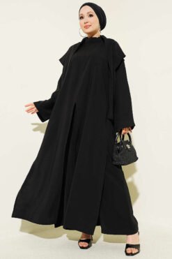 Split Detail Shawl Modal Three-Piece Set Black wholesale clothing set - Hicabistan Turkey factory