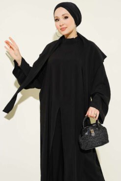 Split Detail Shawl Modal Three-Piece Set Black wholesale clothing set view 2 - Hicabistan Turkey factory
