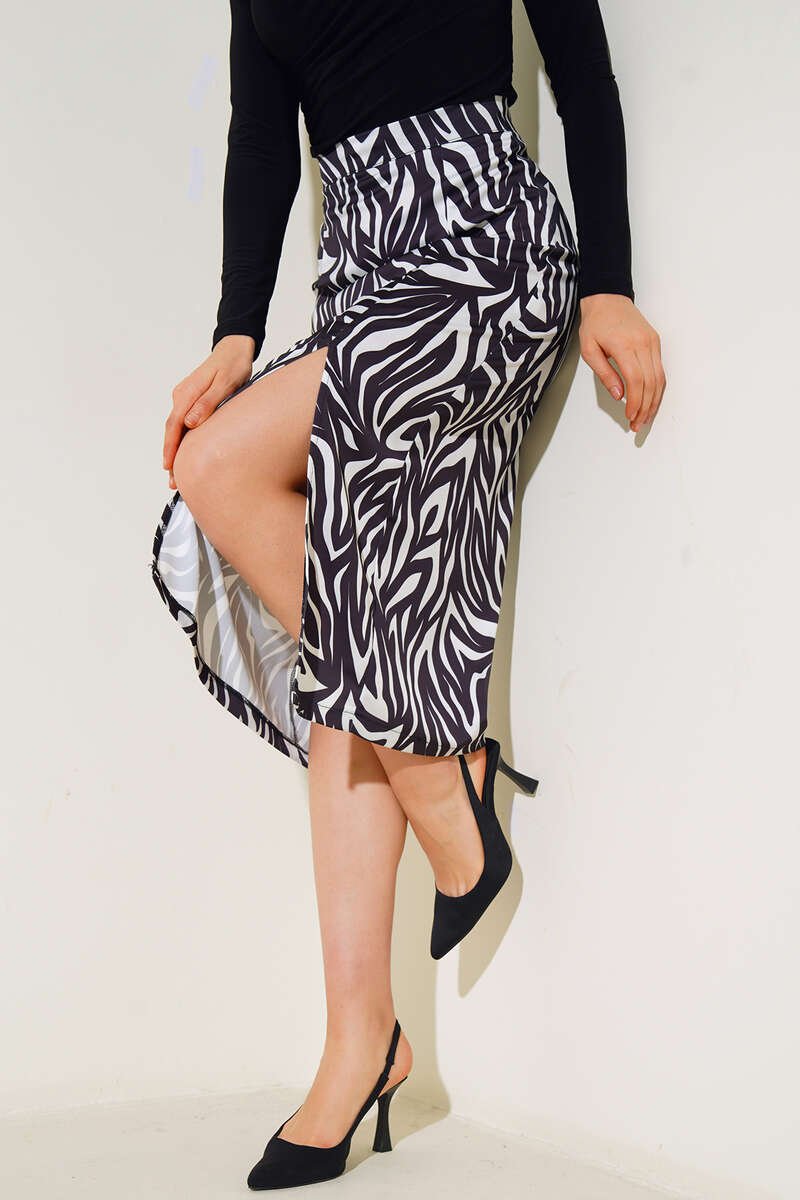 Zebra Print Split Skirt Black en gros skirt - Hicabistan usine Turquie