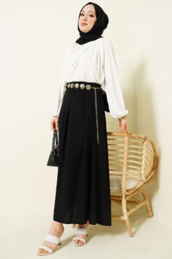 Pleated Skirt with Chain Belt Black wholesale skirt view 2 - Hicabistan Turkey factory
