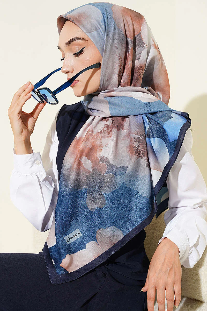 120 cm Flower Pattern Scarf Navy Blue