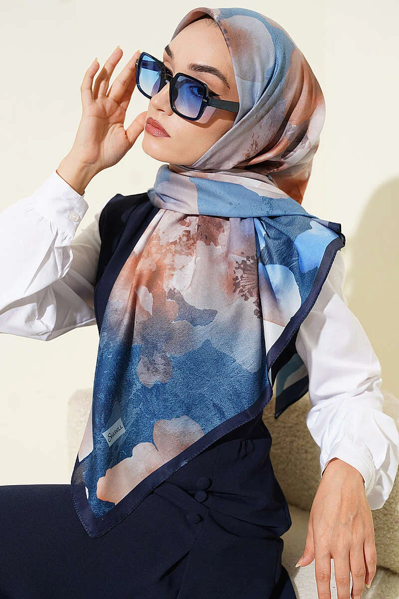 120 cm Flower Pattern Scarf Navy Blue - Image 2
