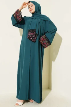 Floral Embellished Abaya Dress Emerald