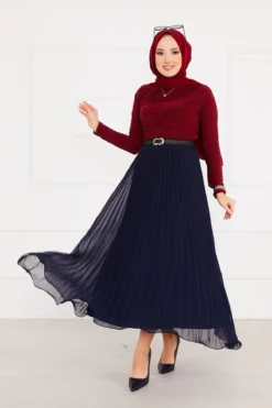 Flared Pleated Modest Skirt Navy Blue