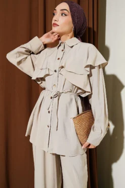 Alternative view of Cross Ruffle Cloak Modal Two-Piece Set Beige