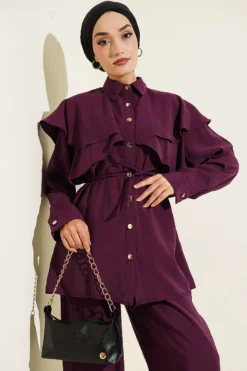 Alternative view of Cross Ruffle Cloak Modal Two-Piece Set Burgundy