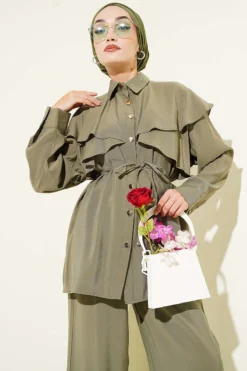 Alternative view of Cross Ruffle Cloak Modal Two-Piece Set Khaki