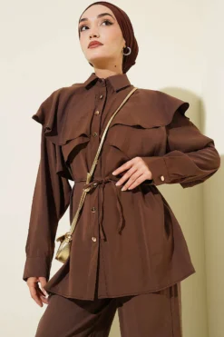 Alternative view of Cross Ruffle Cloak Modal Two-Piece Set Brown