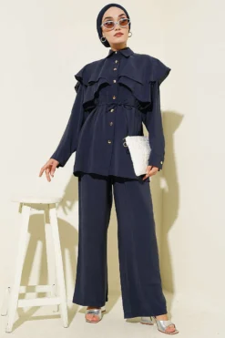 Alternative view of Cross Ruffle Cloak Modal Two-Piece Set Navy Blue