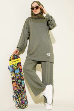 Embroidered Detail Loose Fit Lounge Set Khaki