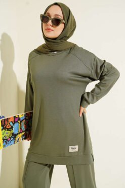 منظر بديل لـ Embroidered Detail Loose Fit Lounge Set Khaki