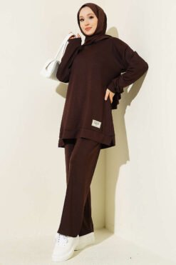 Embroidered Detail Loose Fit Lounge Set Brown