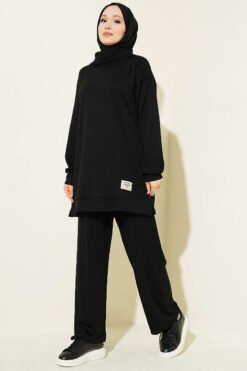 Embroidered Detail Loose Fit Lounge Set Black