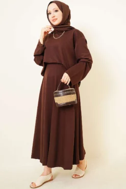 Asymmetrical Cut Basic Skirt Set Brown