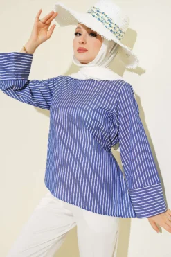 Asymmetrical Cut Thick Striped Tunic Blue